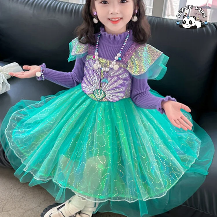 LEZONKIDS - High Quality Wholesale Sequin Mesh Dress Small Flying Sleeves Luminous Birthday Girls Dress